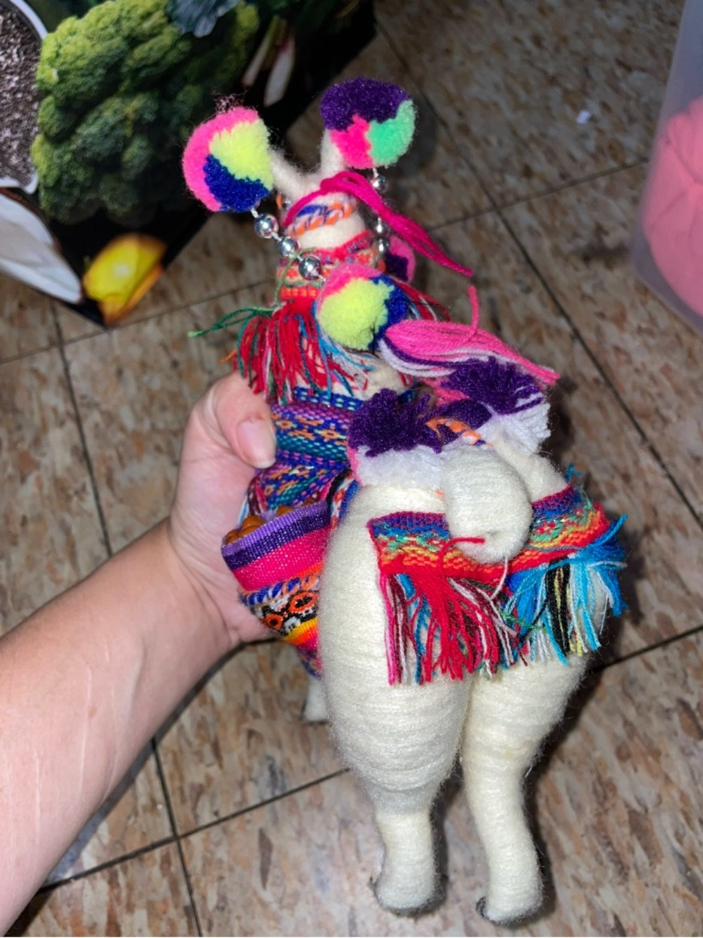 Handmade Peruvian Wool Llama with Colorful Pom-Poms - Picture 5 of 5
